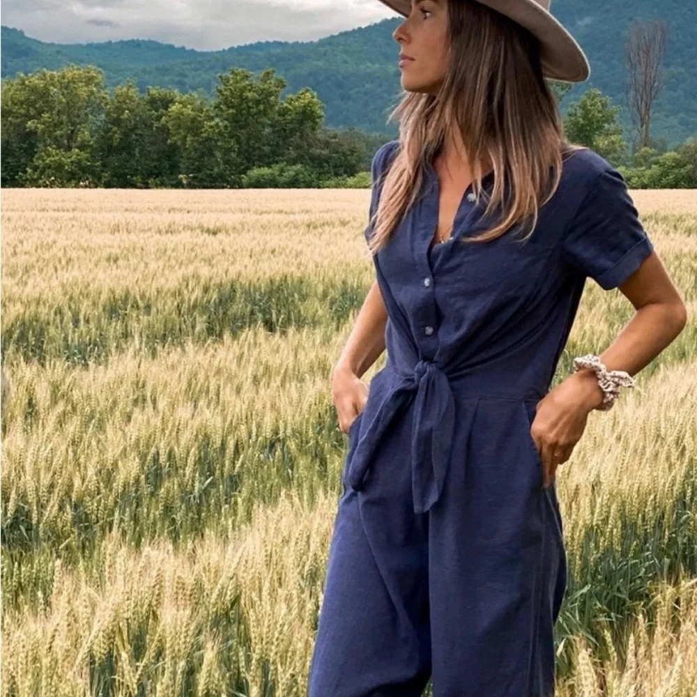 Toad&Co XS Taj Hemp Short Sleeve Jumpsuit in Navy - Picture 1 of 13